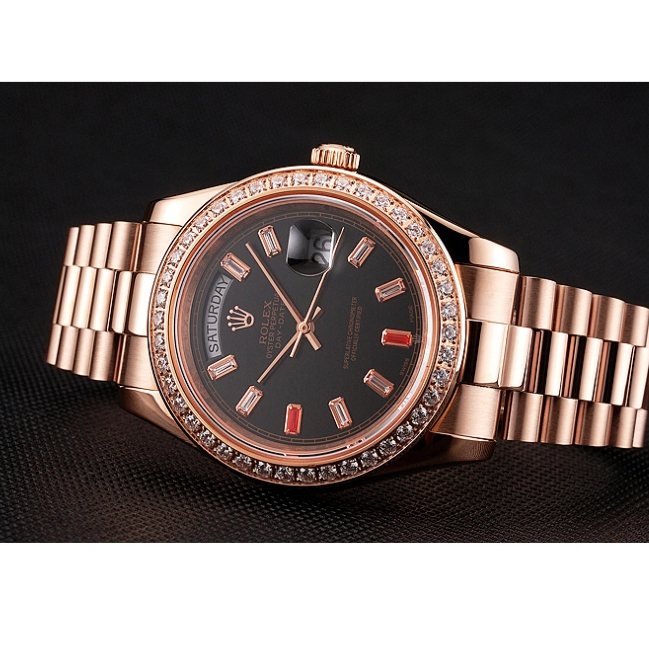 Best AAA Replica Sites Rolex Dial Rose Diamonds Bracelet Gold Day-Date Rubies Black And 1454102 Swiss 0805